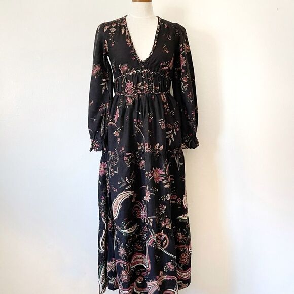 Anthropologie Black Floral Paisley Maxi Dress NWOT size 2 Boho - Picture 2 of 12